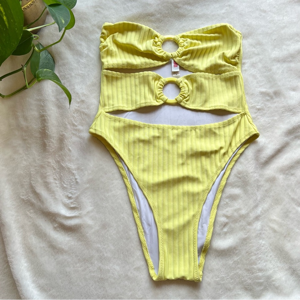 Solid & Striped Yellow Ribbed Strapless One Piece… - image 2